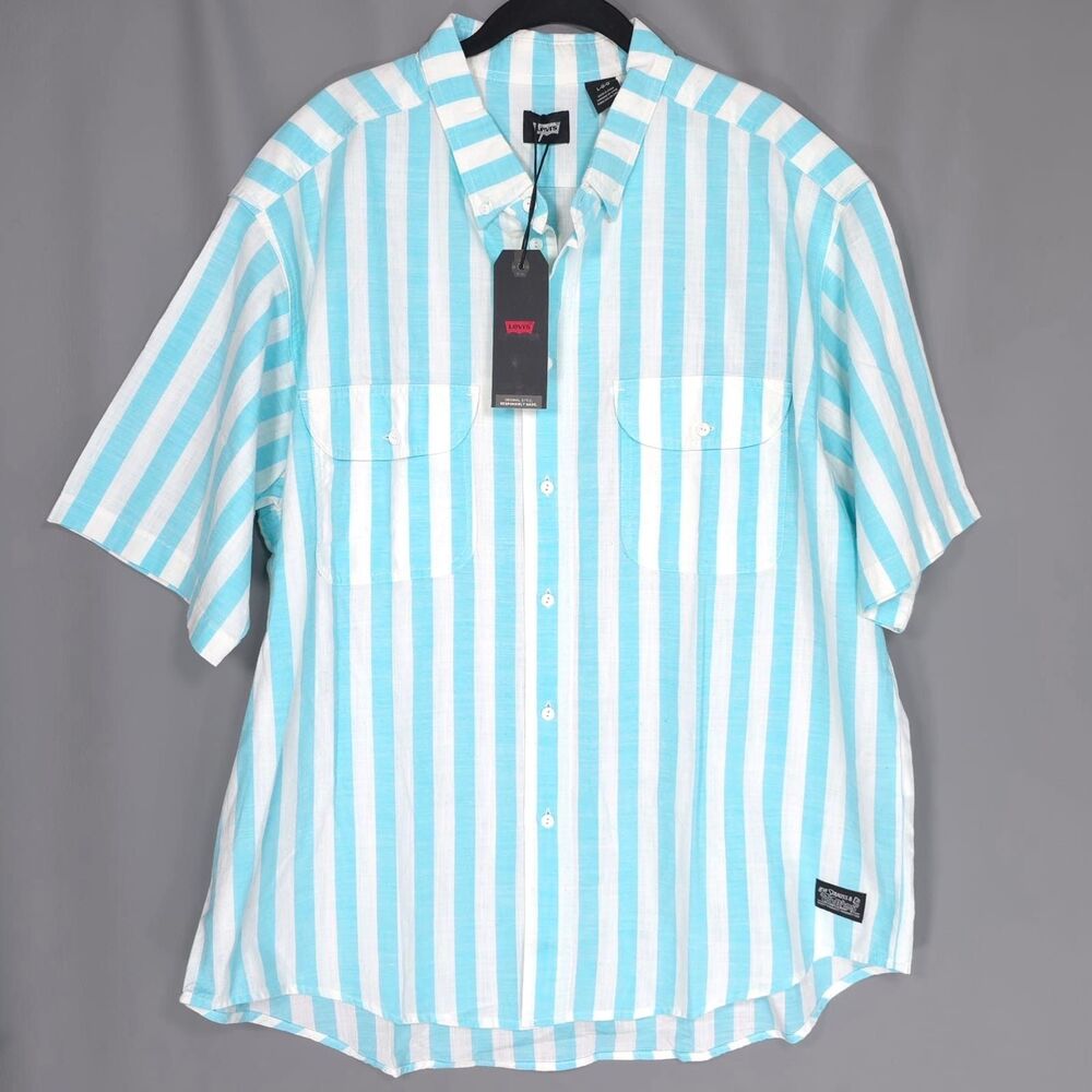 LEVI’S New Blue White Striped Button Shirt Two Horse Patch 100% Cotton Men LARGE